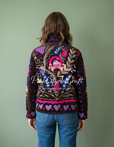 Handcrafted Women Velvet <b>Quilted</b> Jacket Breathable Eco-Friendly Vibrant Rajasthani Suzani Embroidery Full-Zip Winter Bomber Coat - Product Image 2