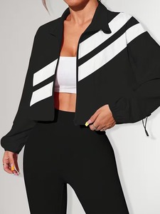 Conjunto Deportivo a Rayas con Corte y Costura para Mujer |   Conjunto Deportivo de Chaqueta de Cuello Alto y Leggings de Cintura Alta - Product Image 2