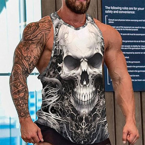 Men's Eco-Friendly Gothic <b>Skull</b> Sublimation Print Breathable Polyester Spandex Sleeveless O-Neck Knitted Tank <b>Top</b> for Workout - Product Image 2