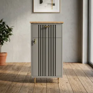 Armoire de salle de bain minimaliste grise avec dessus en bois et poignées en bois, design de porte géométrique pour la maison et l'hôtel - Product Image 1