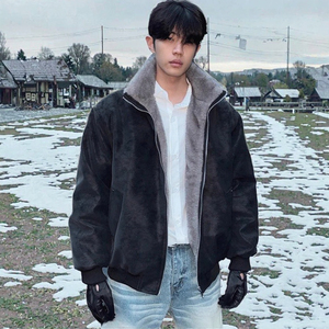 <b>Men's</b> Bomber <b>Jacket</b> Stand Collar Faux <b>Fur</b> <b>Lined</b> Zipper Closure Windproof Thick Winter Casual Wear - Product Image 4