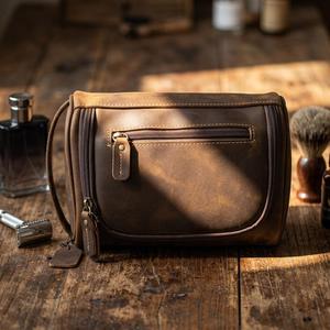 Custom Vintage Brown Genuine Leather Toiletry Bag <b>Travel</b> Dopp <b>Kit</b> Men Waterproof Shaving Wash Cosmetic Bag LYG-0165 - Product Image 2