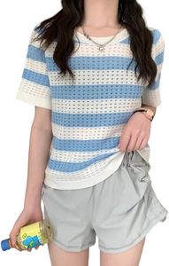 T-shirt d'été respirant pour femme en modal tricoté, rayé, col rond, manches courtes, coupe décontractée, style 2026 - Product Image 3