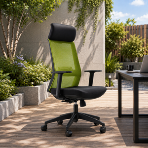 Chaise de bureau ergonomique à dossier haut en tissu avec accoudoirs réglables et appui-tête intégré pivotant pour le bureau à domicile - Product Image 1