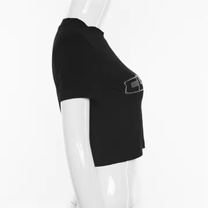 Camisetas Cortas de Algodón para Mujer Estilo Urbano con Pedrería Personalizada, Ajuste Delgado, Camisetas Baby Tee de Algodón para Mujer - Product Image 4