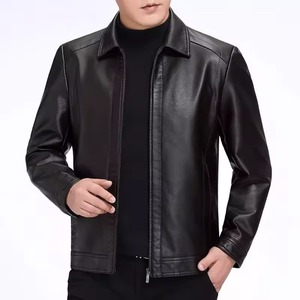 Blouson moto en cuir de vachette véritable pour homme, col rabattable, fermeture éclair, grande taille, couleur unie, coupe classique, automne - Product Image 1