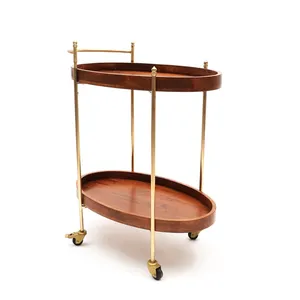 Chariot de service ovale en bois avec cadre en laiton, design vintage, plateau roulant à deux niveaux pour les réceptions - Product Image 1