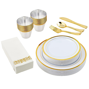 175 pezzi Set di stoviglie monouso oro oro cerchio piatti di plastica tazze cucchiaio forchetta coltello tovaglioli di carta per festa di laurea di nozze - Product Image 1