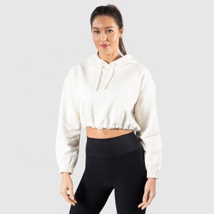Custom Logo Crop Hoodie Women Solid Color Lantern Sleeve Cotton Knitted Casual Autumn White Full Sleeve Cinched Hem Hooded Tops - Product Image 1