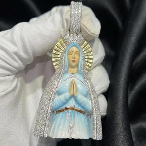 Colgante de Lujo con Figura Religiosa de Dama, con Esmalte Azul y Diamante Moissanita, Joyería de Plata de Ley 925 - Product Image 5