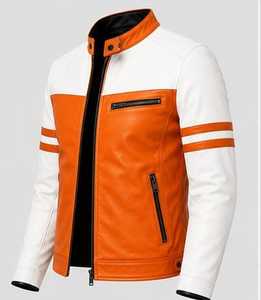 Veste de moto en cuir blanc et orange de haute qualité pour homme, col montant, fermeture éclair, design color block - Product Image 1
