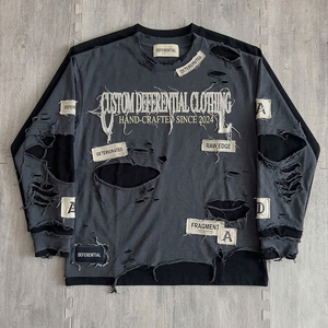 T-shirt double couche brodé effet vieilli, personnalisé, respirant pour l'été, avec broderie de patchs vieillis, style vintage délavé à l'acide - Product Image 1