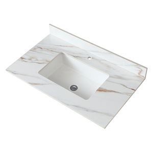 Top per lavabo in marmo da 37 pollici, fori per rubinetti pre-forati, lavabo rettangolare da incasso, altezza 4 pollici, con paraschizzi - Product Image 3
