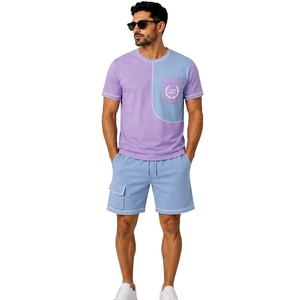 Lavender And Sky Blue Mens <b>T</b> <b>Shirt</b> Shorts Set Crew Neck Short Sleeve Pocket Top Cargo Drawstring Shorts Casual Sportswear Summer - Product Image 1