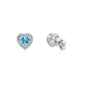 14K Gold Blue Topaz Heart Stud <b>Earrings</b> with Diamond Halo - Product Image 3
