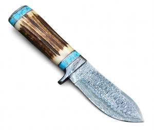 Outil utilitaire fixe en acier damas à motif goutte de pluie, fabriqué à la main, avec manche en corne de cerf et anneau en turquoise - Product Image 3