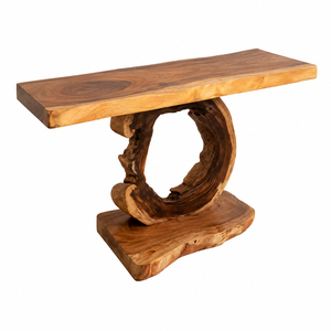 Mesa Consola de Madera Suar Sólida de Lujo Orgánica al por Mayor con Borde Natural y Base Anular Escultural para Uso en Vestíbulos de Hotel - Product Image 3