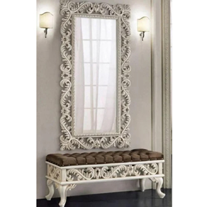 Intricately hand-carved white full-length wooden mirror frame with <b>table</b> available at wholesale prices. - Product Image 1