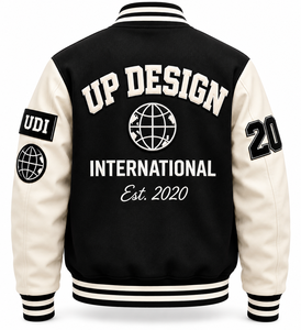 Chaqueta Varsity Negra y Crema Personalizada, Chaqueta de Béisbol de Lana Premium con Logotipo Bordado, Chaqueta Bomber Universitaria Estilo Urbano - Product Image 4