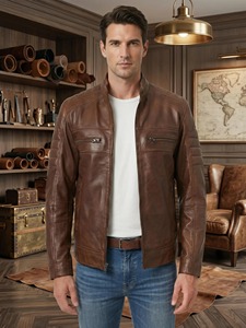 Veste de motard en cuir d'agneau véritable marron cognac pour homme, style café racer, matelassée - Product Image 1