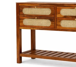 Boho Rattan Solid Wood <b>Console</b> <b>Table</b> with 4 Drawers | Modern Wooden Hallway <b>Table</b> with Woven Rattan Drawers & Slatted Shelf - Product Image 3