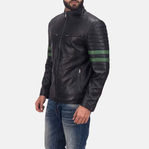 Veste de moto en cuir véritable noir pour homme avec manches rayées vertes, col montant, fermeture éclair, coupe ajustée, style moto - Product Image 5