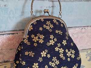 Jewelry Bag With Closure Hinged Design Navy <b>Blue</b> Gold Floral Pattern Shoulder Handle packaging bag - Product Image 1