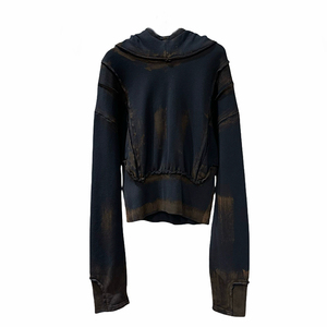 Oversized Crop Hooded <b>Sweatshirt</b> 100% Cotton Knitted Washed Solid Color Unisex Casual Autumn Style Long Sleeve - Product Image 1