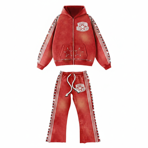 <b>Red</b> Hooded Tracksuit Set Rhinestone Stripes <b>Glitter</b> Print Logo Unisex Casual Full Length Drawstring Closure Windproof - Product Image 4