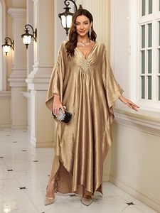 Robe Abaya élégante à col en V, longueur au sol, avec détails perlés, manches longues, coupe ample, ourlet asymétrique, couleur unie, tenue de soirée pour femmes - Product Image 6