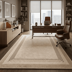 Tapis moderne en laine crème tufté à la main avec bordure géométrique côtelée, envers en latex, texture tonale pour salon - Product Image 1