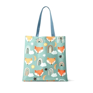 Bolsa de tela de algodón teñida lisa con diseño de bloques de color azul y naranja, asas negras, estilo tejido ecológico. - Product Image 6