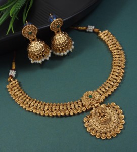 Conjunto de Joyería Étnica Antigua Dorada al por Mayor, Collar de Templo con Acabado Mate Premium y Jhumkas Tradicionales, Joyería Festiva para Disfraces - Product Image 2