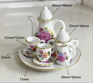 Accessoires miniatures pour maison de poupée, service à thé en céramique florale avec théière, tasses, soucoupes, assiette, motif de fleurs peintes, cadeau pour les 14 ans et plus - Product Image 6
