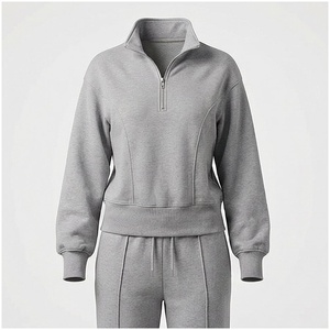 <b>Women</b> Gray <b>Half</b>-<b>Zip</b> <b>Sweatshirt</b> Full Sleeve Solid Color Casual Midweight Polyester Tracksuit Top with Side Pockets Autumn Wear - Product Image 1