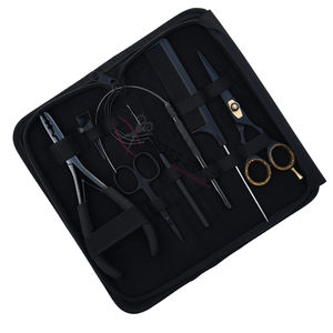 Kit de pinces compactes noires pour extensions capillaires avec pince à micro-anneaux à 2 trous, pince à sertir, enfileur à boucle, séparateur de mèches et ciseaux de coupe - Product Image 1