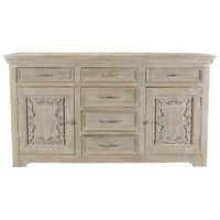 Aparador de Madera Maciza Hecho a Mano de Lujo con Puertas Talladas con Motivos Ornamentales y Acabado Blanco Desgastado