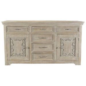 Luxury Handcrafted Solid Wood Sideboard Cabinet Ornate Scroll Carved Doors Distressed White Wash - Product Image 1