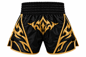Shorts de Muay Thai en satin noir et or, matériau durable, pour entraînement et compétition d'arts martiaux mixtes, équipement sportif combiné haut de gamme - Product Image 3