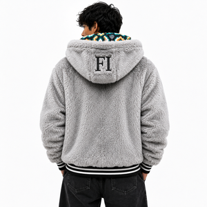 High Quality Custom Embroidered Logo Contrast Inner Hood Jacket Soft Pile Texture <b>Zip</b> Front <b>Pocket</b> Detail Fashion Men's <b>Hoodies</b> - Product Image 2