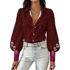 Customdesigned Casual Party Vintage <b>Hawaiian</b> Tropical Hibiscus Leaf Print Ladies Blouse Turn Collar Balloon Long Sleeve Button - Product Image 3