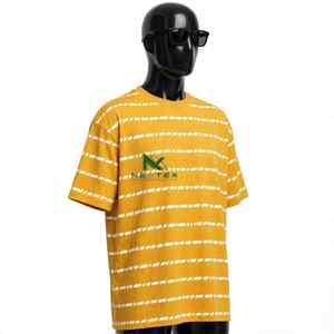 NEXTEX Unisex Dashed <b>Stripe</b> <b>T</b> <b>Shirt</b> Mustard White Soft Cotton Jersey Crew Neck Casual Tee - Product Image 2