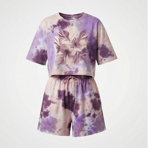Women's 2 Piece <b>Tie</b> Dye Floral Shorts Set Short Sleeve Crew <b>Neck</b> Loose Fit Above Knee Casual Spring Summer Cotton Outfit - Product Image 1
