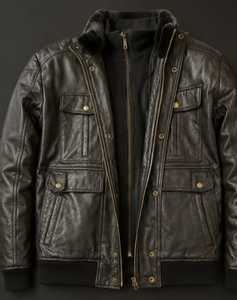 Blouson en cuir pour homme avec col en fausse fourrure et fermeture éclair - Product Image 1