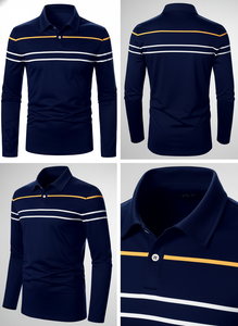 High Quality Men's Contrast Stripe Long Sleeve Polo - Casual Button Collar Autumn Winter Top - Product Image 6