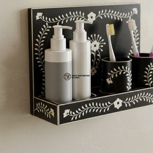 Organizador de pared con incrustaciones de hueso negro de diseño, elegante estante de almacenamiento para tocador, conjuntos decorativos para baño y organizador para aseos. - Product Image 2