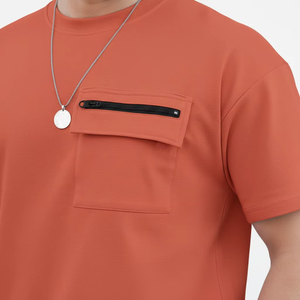 Men's Orange Casual Two Piece <b>Set</b> Crew Neck T-Shirt And Cargo Shorts Solid Color Breathable <b>Knitted</b> Summer Wear - Product Image 5