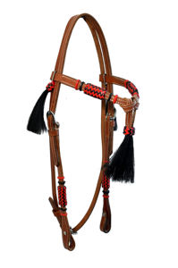 Têtière de boulangerie en cuir tanné avec nœuds équestres ajustables en cuir brut rouge tressé à la main et pompon en crin noir 578 - Product Image 3