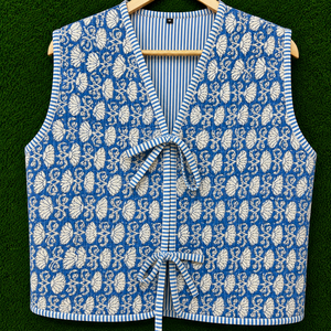 Chaleco acolchado hecho a mano 100% algodón puro, reversible, con estampado floral, sin mangas, con lazo frontal, ligero. - Product Image 6