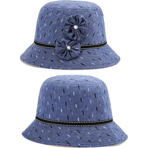 Chapeau Bob en Jean Bleu Élégant avec Motifs Floraux, Protection Solaire, en Coton, Style Cloche, Idéal pour l'Été et les Voyages - Product Image 2